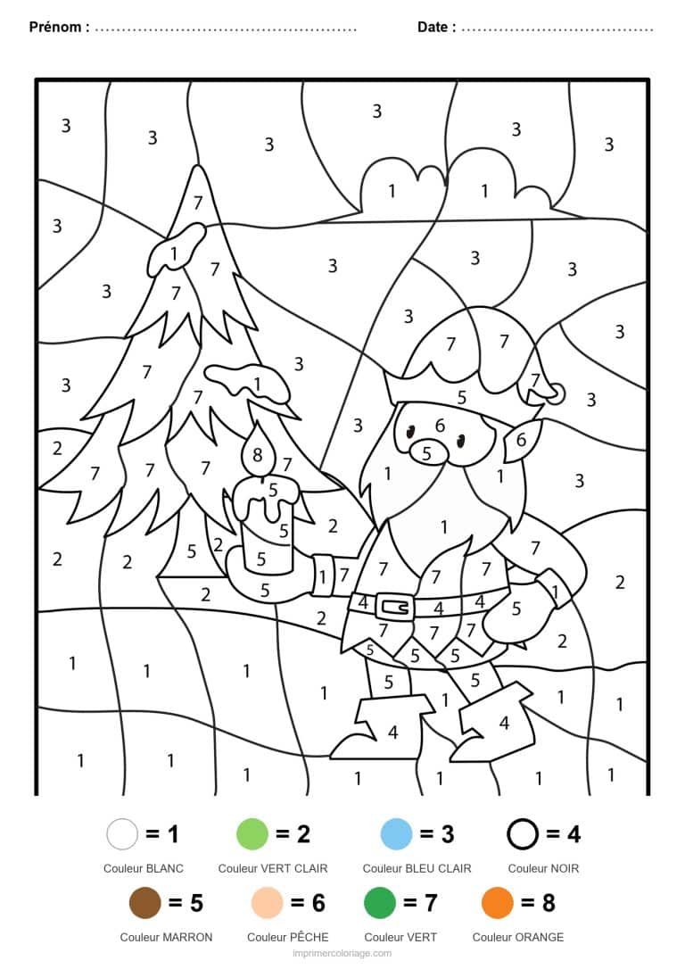 coloriage magique noel lutin et sapin, dessin gratuit &agrave; imprimer
