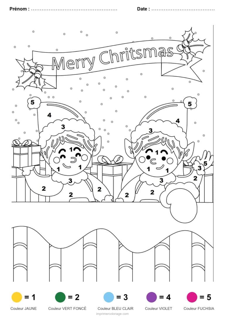 coloriage magique noel lutins a la banderole, dessin gratuit &agrave; imprimer