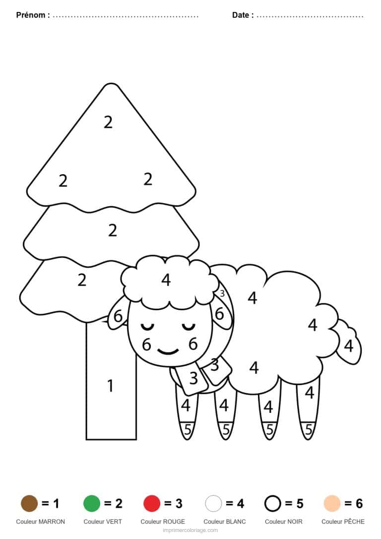 coloriage magique noel mouton et sapin, dessin gratuit &agrave; imprimer