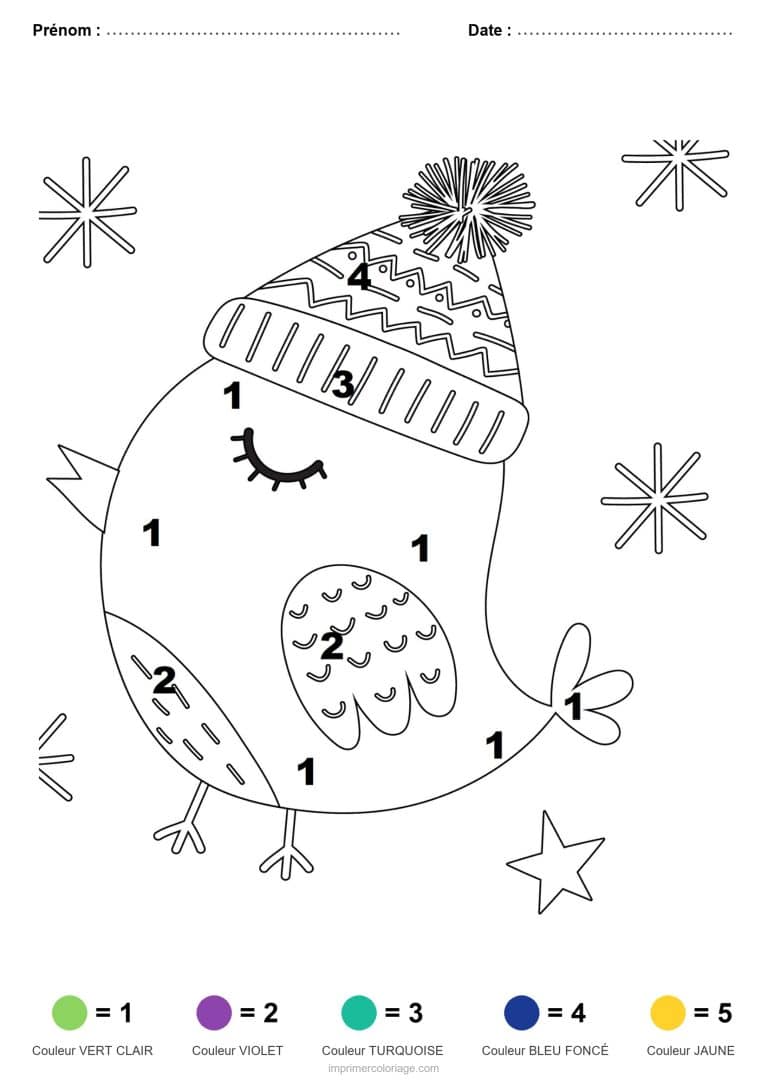 coloriage magique noel oiseau au bonnet, dessin gratuit &agrave; imprimer