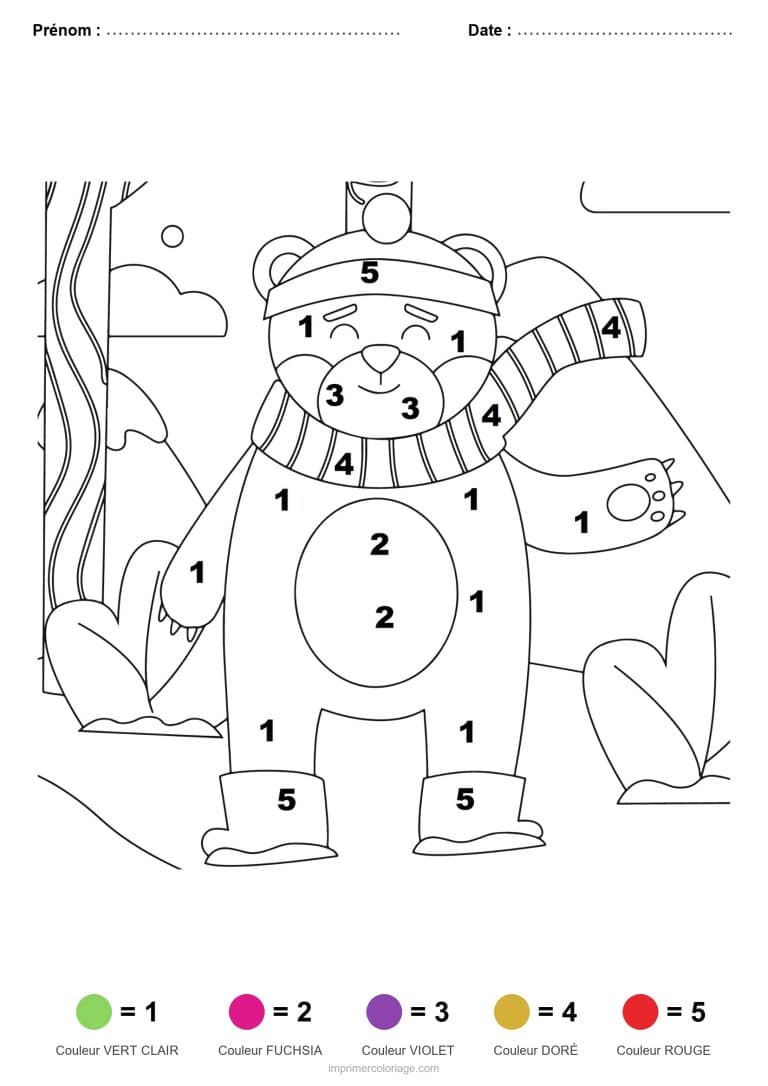 coloriage magique noel ours a l echarpe, dessin gratuit &agrave; imprimer