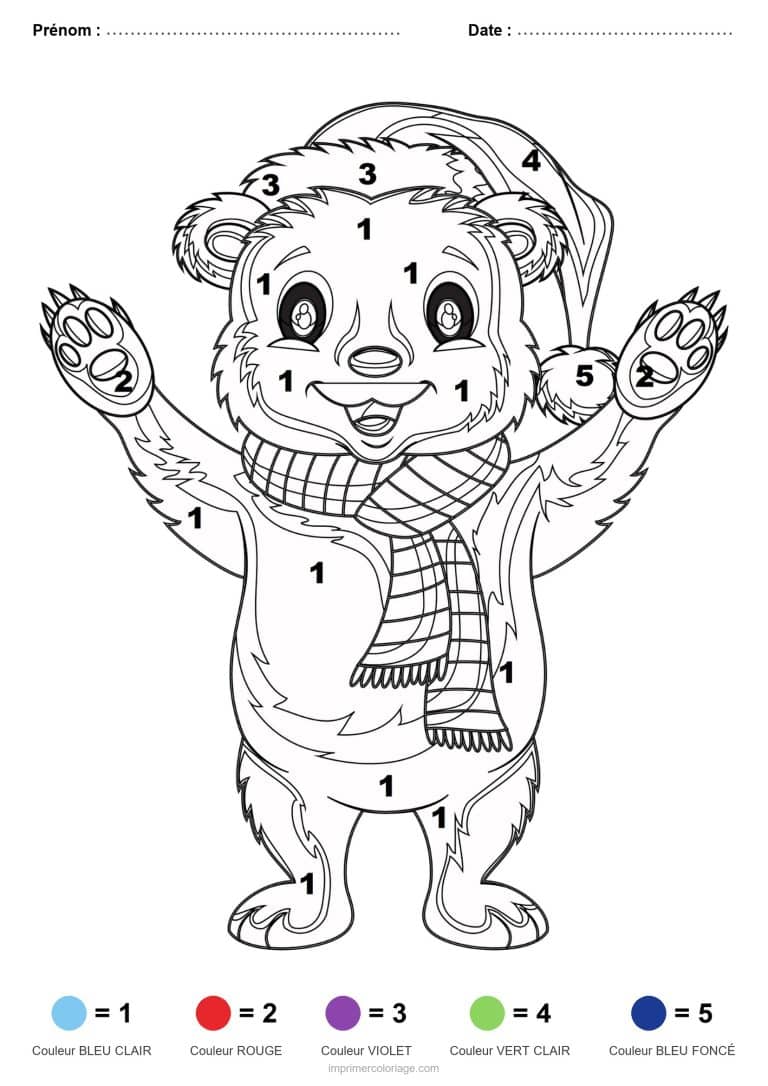 coloriage magique noel ours au bonnet de noel, dessin gratuit &agrave; imprimer