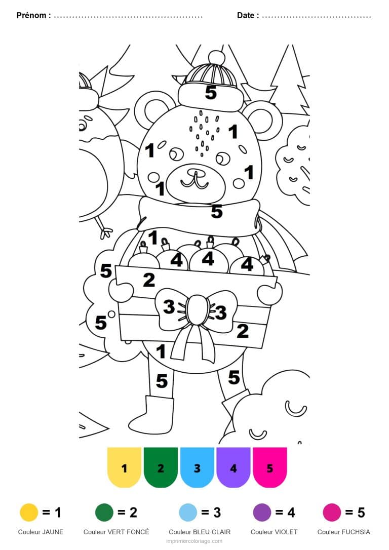 coloriage magique noel ours au cadeau, dessin gratuit &agrave; imprimer