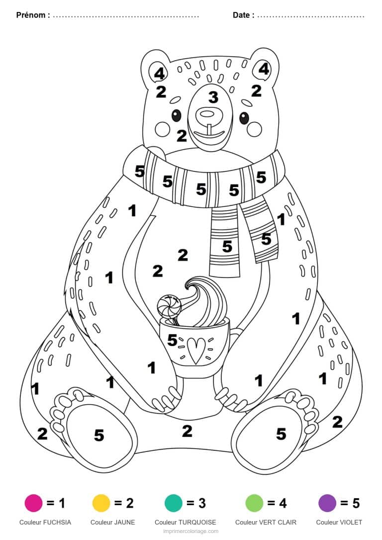 coloriage magique noel ours au chocolat chaud, dessin gratuit &agrave; imprimer