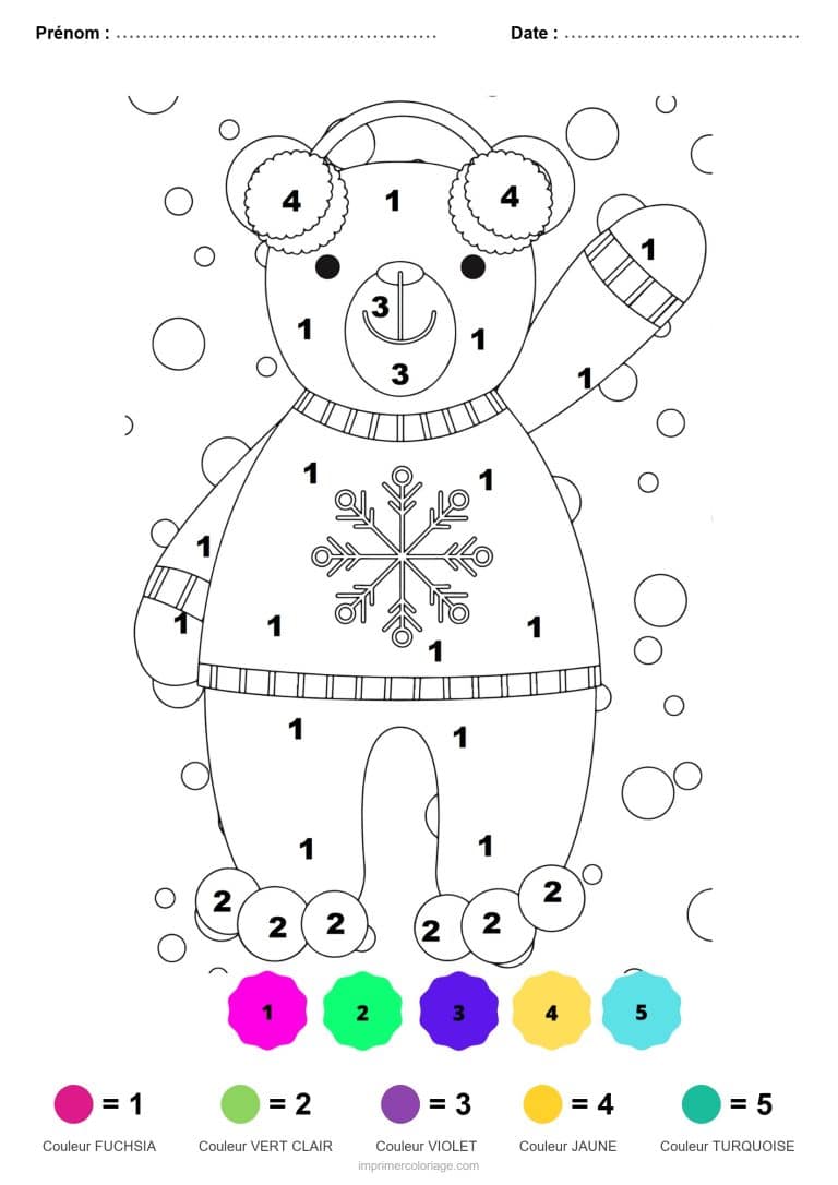 coloriage magique noel ours au pull flocon, dessin gratuit &agrave; imprimer