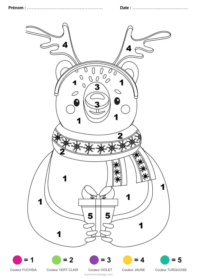 coloriage magique noel ours au serre tete de renne, dessin gratuit &agrave; imprimer
