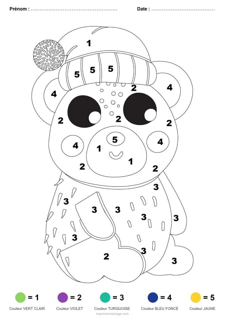 coloriage magique noel ours en pyjama, dessin gratuit &agrave; imprimer