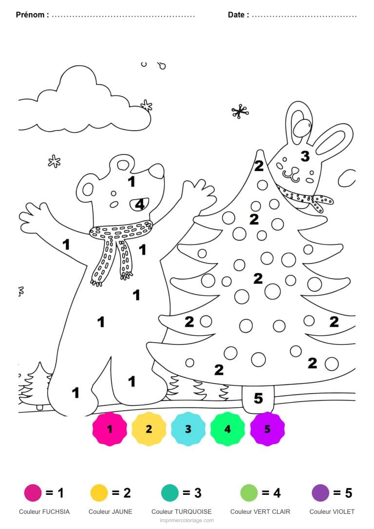 coloriage magique noel ours et lapin au sapin, dessin gratuit &agrave; imprimer