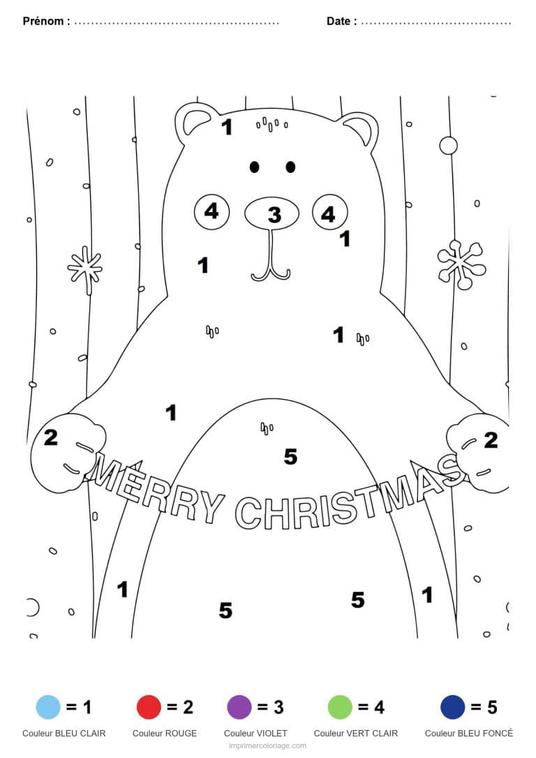 coloriage magique noel ours merry christmas, dessin gratuit &agrave; imprimer