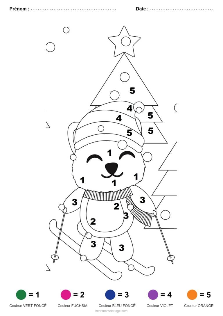 coloriage magique noel ourson a ski, dessin gratuit &agrave; imprimer