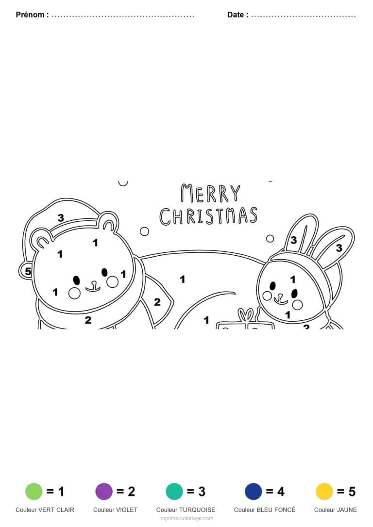 coloriage magique noel ourson et lapin, dessin gratuit &agrave; imprimer