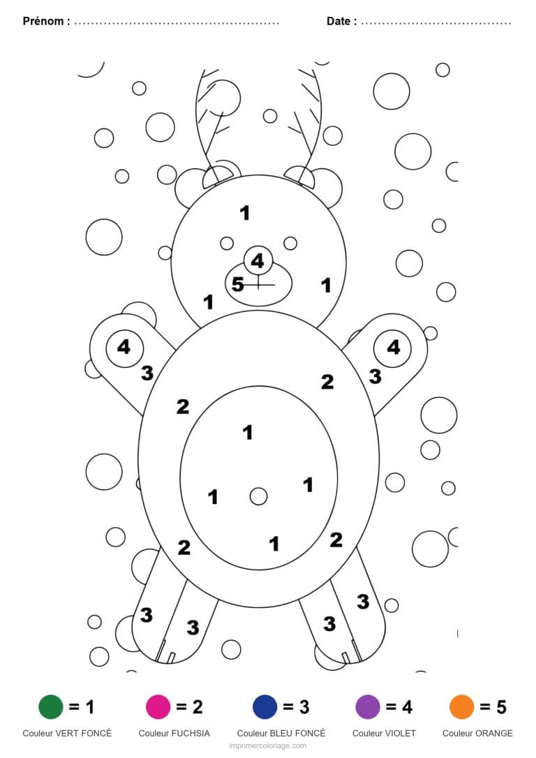 coloriage magique noel ourson renne, dessin gratuit &agrave; imprimer