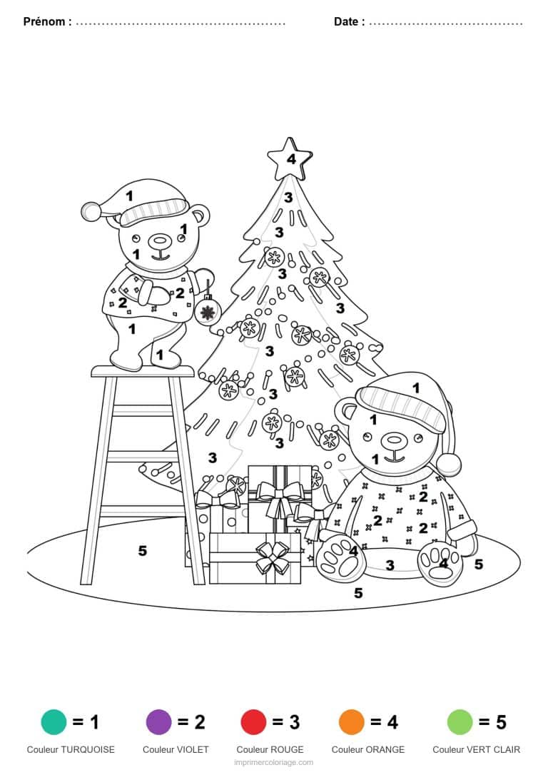 coloriage magique noel oursons decorent le sapin, dessin gratuit &agrave; imprimer