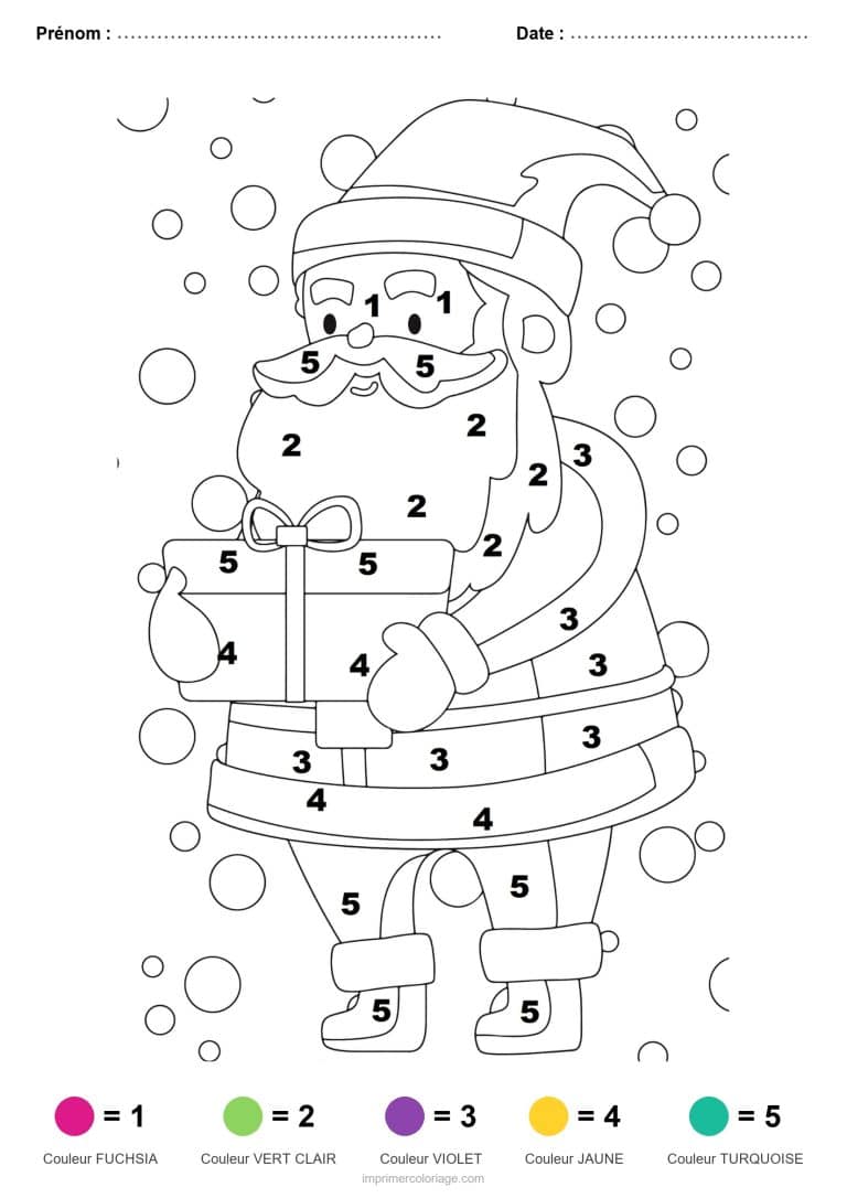 coloriage magique noel pere noel au cadeau, dessin gratuit &agrave; imprimer