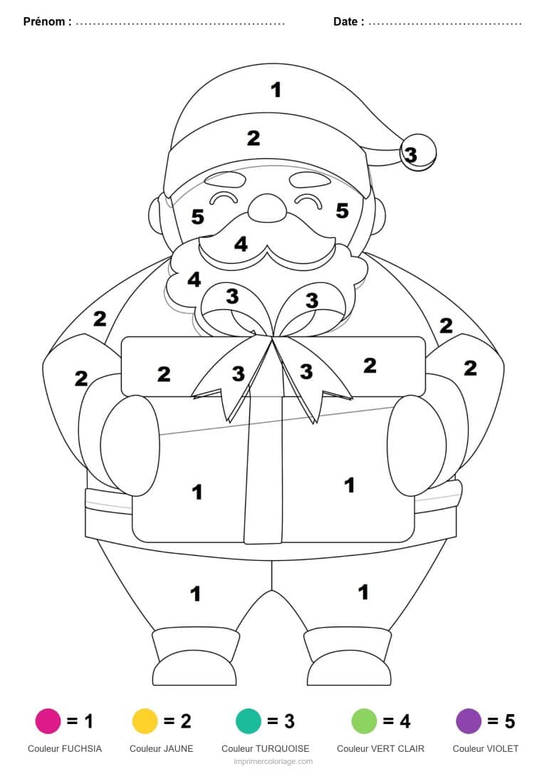 coloriage magique noel pere noel au gros cadeau, dessin gratuit &agrave; imprimer
