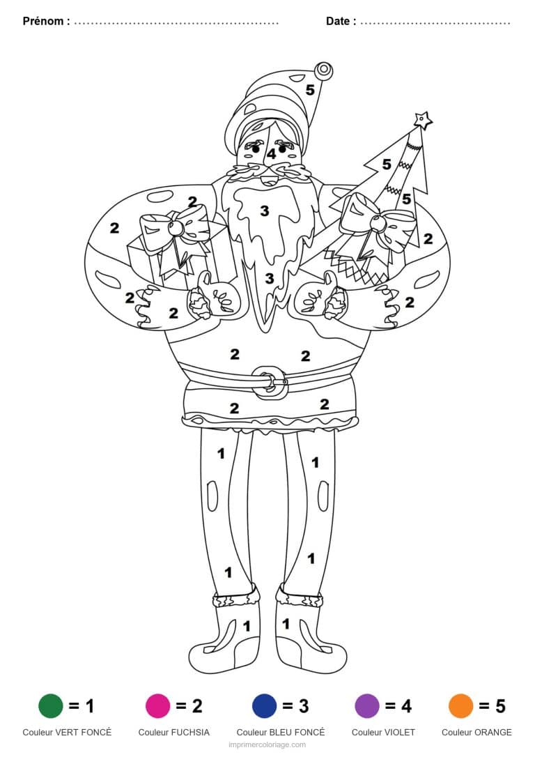 coloriage magique noel pere noel aux cadeaux, dessin gratuit &agrave; imprimer