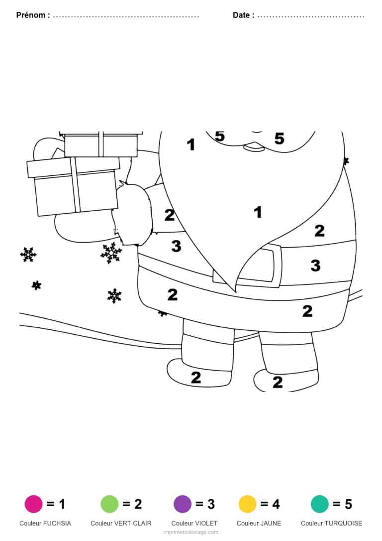 coloriage magique noel pere noel aux paquets, dessin gratuit &agrave; imprimer