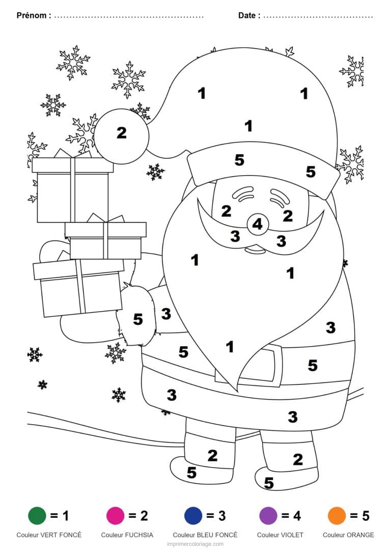 coloriage magique noel pere noel charge de cadeaux, dessin gratuit &agrave; imprimer