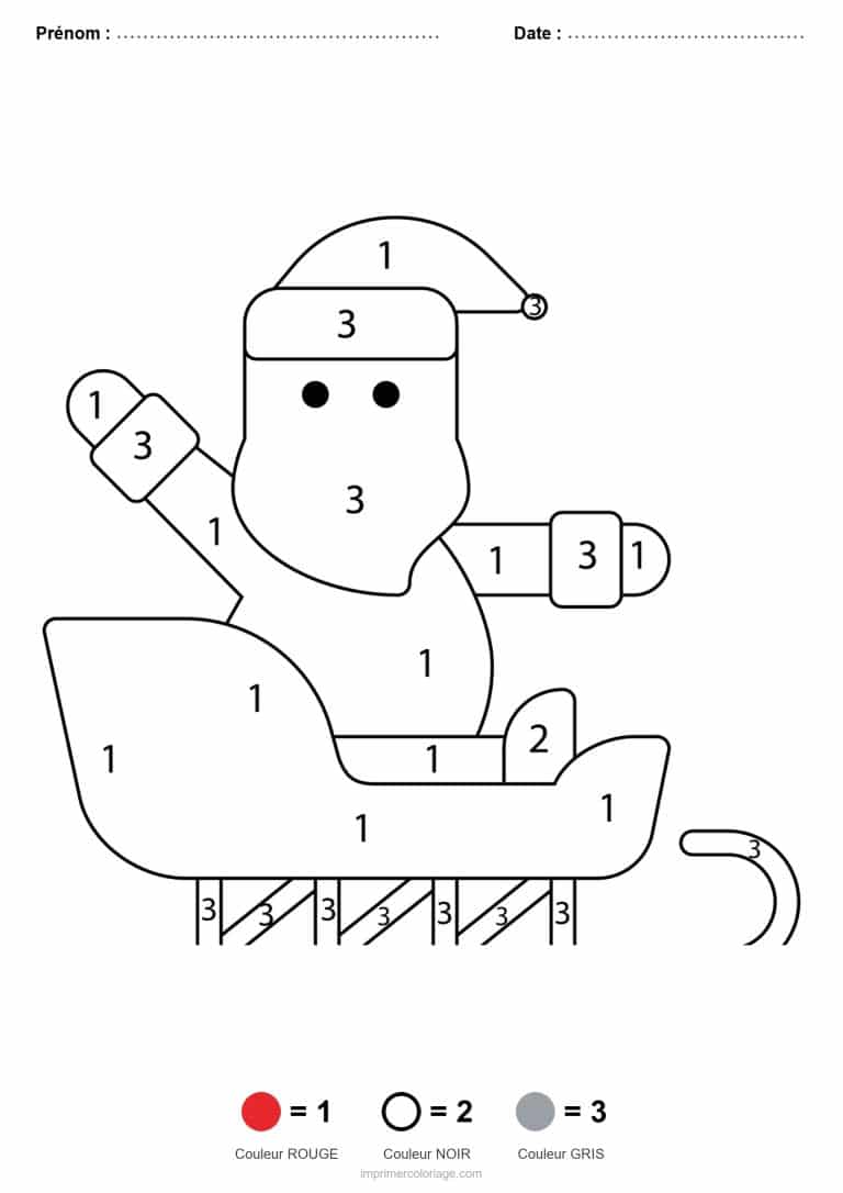 coloriage magique noel pere noel en traineau, dessin gratuit &agrave; imprimer