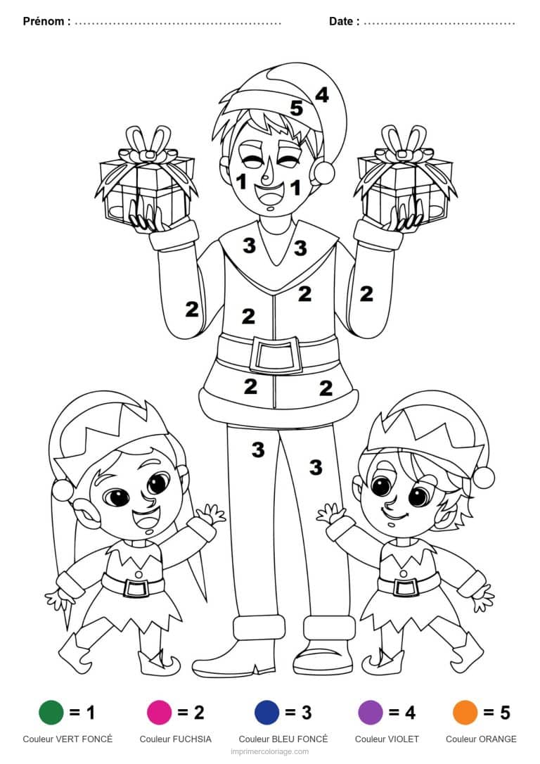 coloriage magique noel pere noel et ses lutins, dessin gratuit &agrave; imprimer