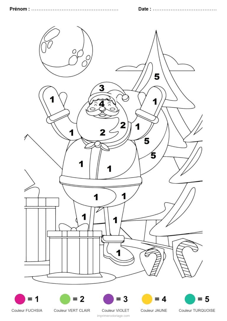 coloriage magique noel pere noel sous la lune, dessin gratuit &agrave; imprimer
