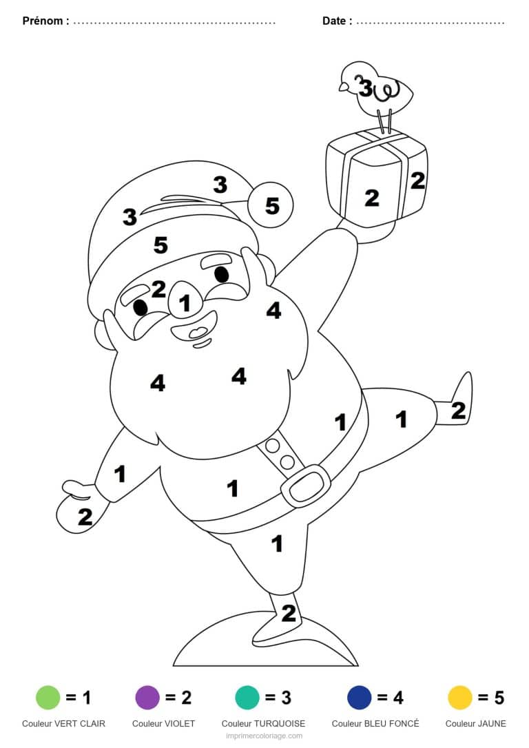 coloriage magique noel pere noel sur un pied, dessin gratuit &agrave; imprimer
