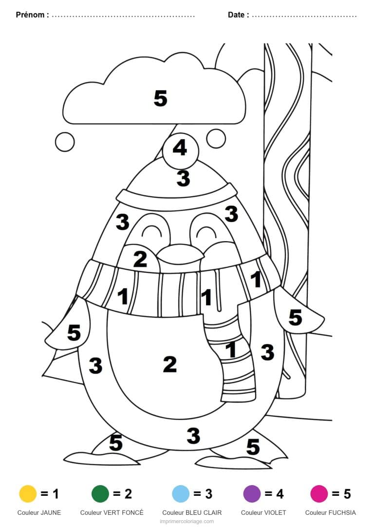 coloriage magique noel pingouin a l echarpe, dessin gratuit &agrave; imprimer