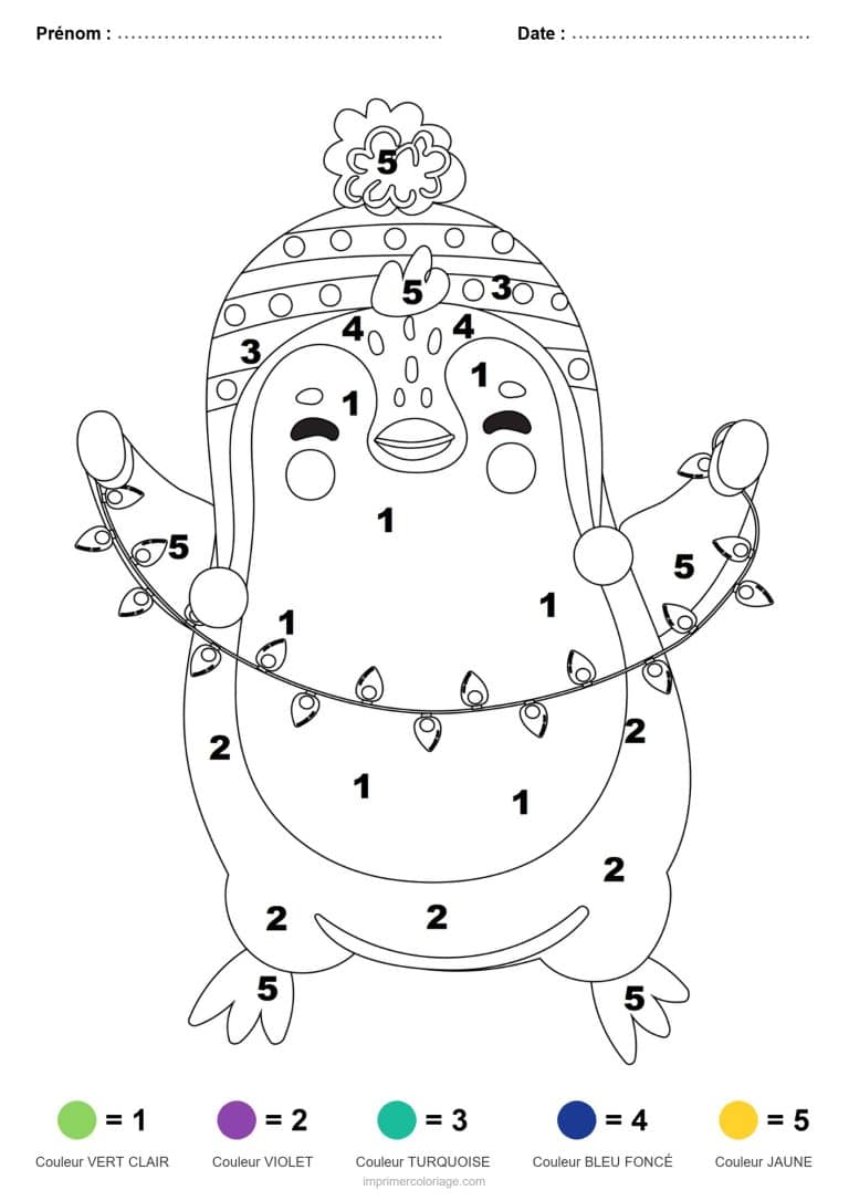 coloriage magique noel pingouin a la guirlande, dessin gratuit &agrave; imprimer