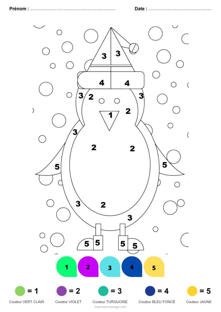 coloriage magique noel pingouin au bonnet, dessin gratuit &agrave; imprimer
