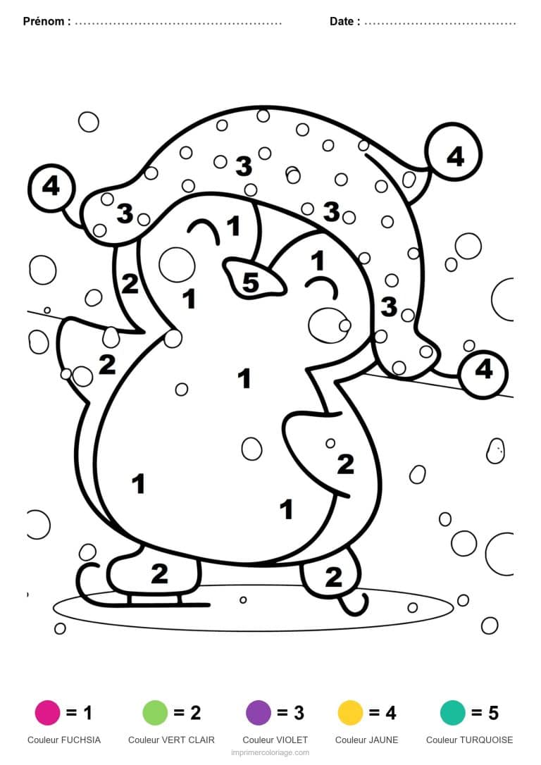 coloriage magique noel pingouin au long bonnet, dessin gratuit &agrave; imprimer