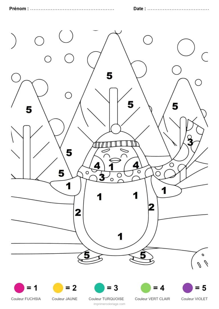 coloriage magique noel pingouin en foret, dessin gratuit &agrave; imprimer