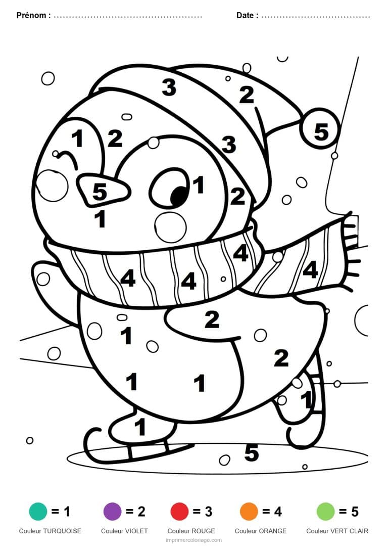 coloriage magique noel pingouin patineur, dessin gratuit &agrave; imprimer