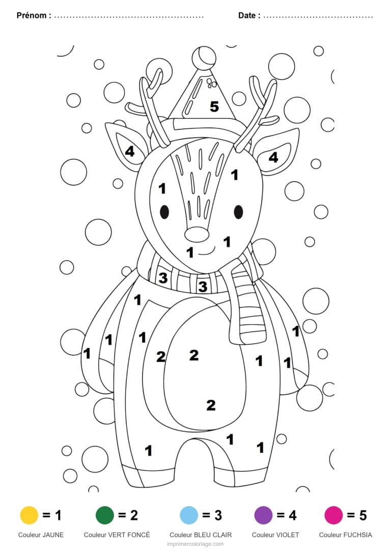 coloriage magique noel renne, dessin gratuit &agrave; imprimer