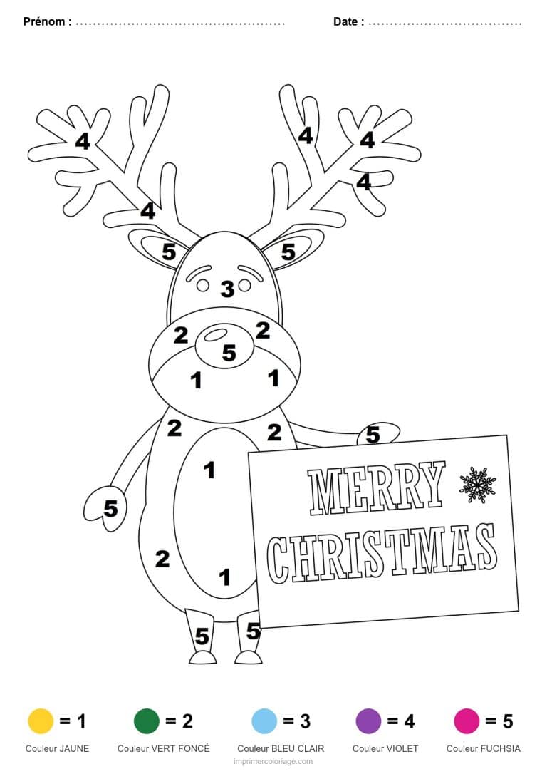 coloriage magique noel renne a la pancarte, dessin gratuit &agrave; imprimer