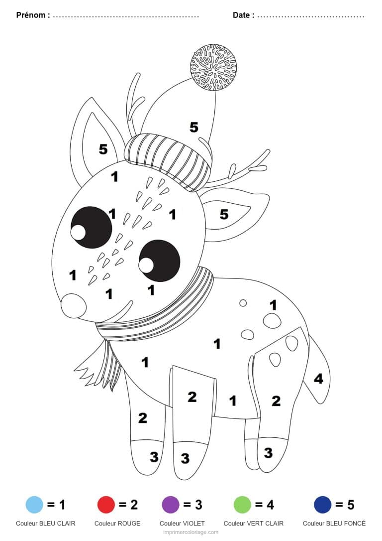 coloriage magique noel renne au bonnet, dessin gratuit &agrave; imprimer