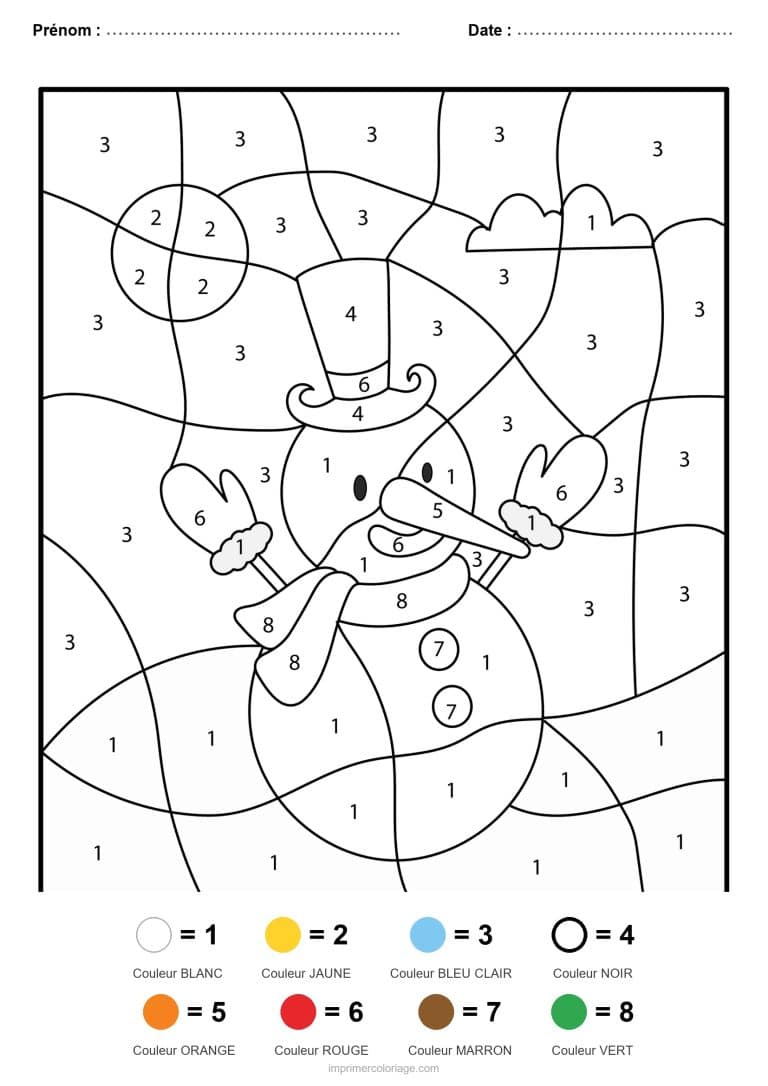 coloriage magique noel renne et bonhomme de neige, dessin gratuit &agrave; imprimer