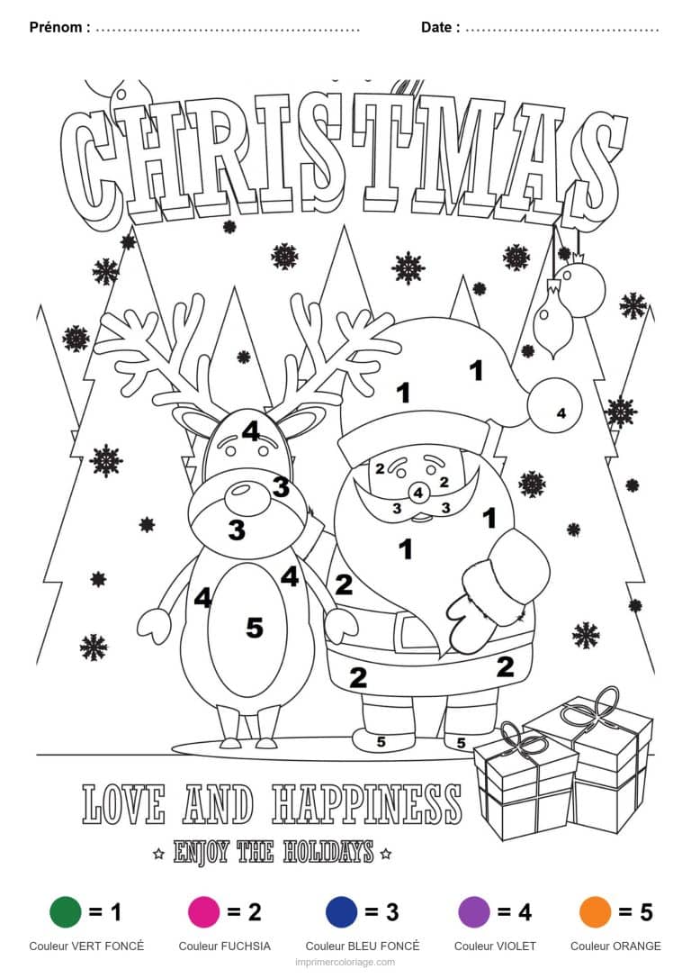 coloriage magique noel renne et pere noel, dessin gratuit &agrave; imprimer
