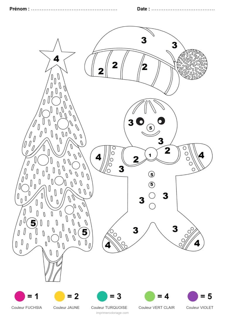 coloriage magique noel sapin et bonhomme en pain d epices, dessin gratuit &agrave; imprimer