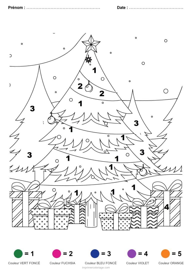 coloriage magique noel sapin et cadeaux, dessin gratuit &agrave; imprimer
