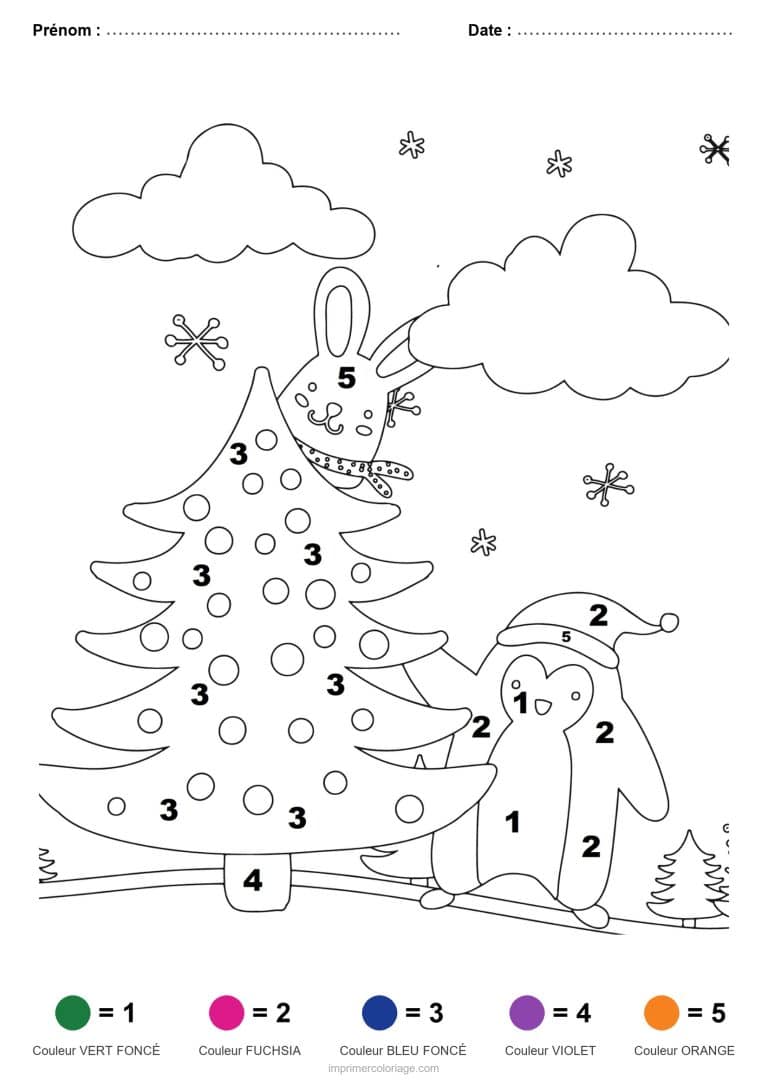 coloriage magique noel sapin et pingouin, dessin gratuit &agrave; imprimer