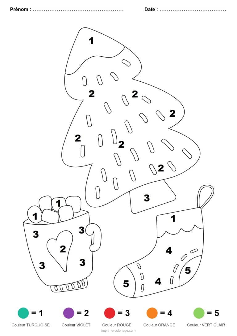 coloriage magique noel sapin tasse et chaussette, dessin gratuit &agrave; imprimer