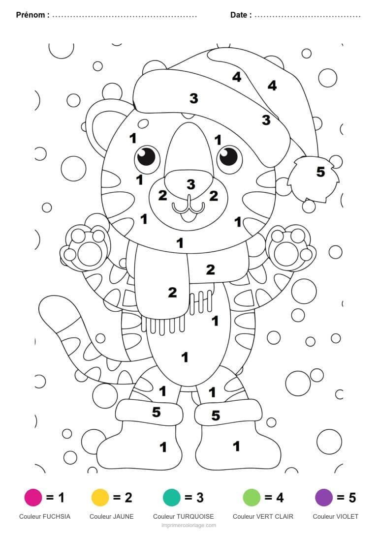 coloriage magique noel tigre de noel, dessin gratuit &agrave; imprimer