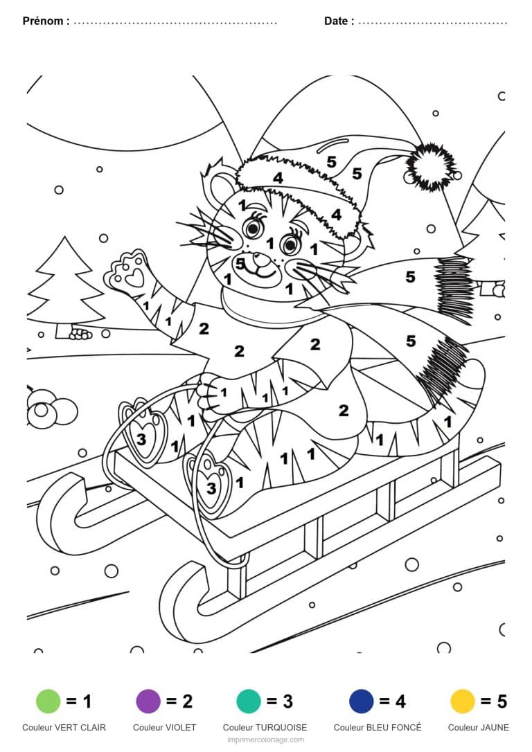 coloriage magique noel tigre en luge, dessin gratuit &agrave; imprimer