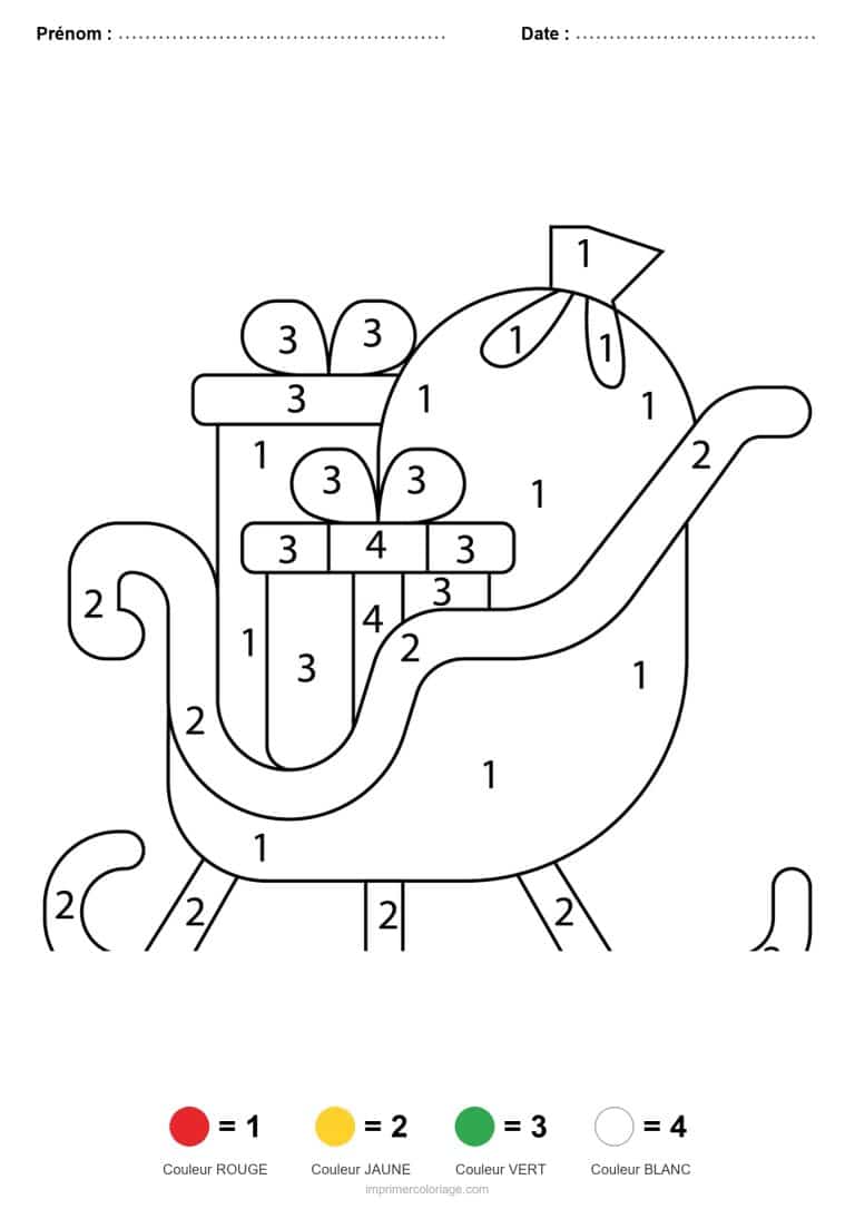 coloriage magique noel traineau, dessin gratuit &agrave; imprimer