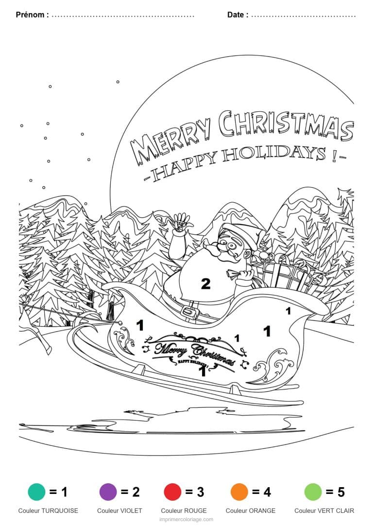 coloriage magique noel traineau dans la nuit, dessin gratuit &agrave; imprimer