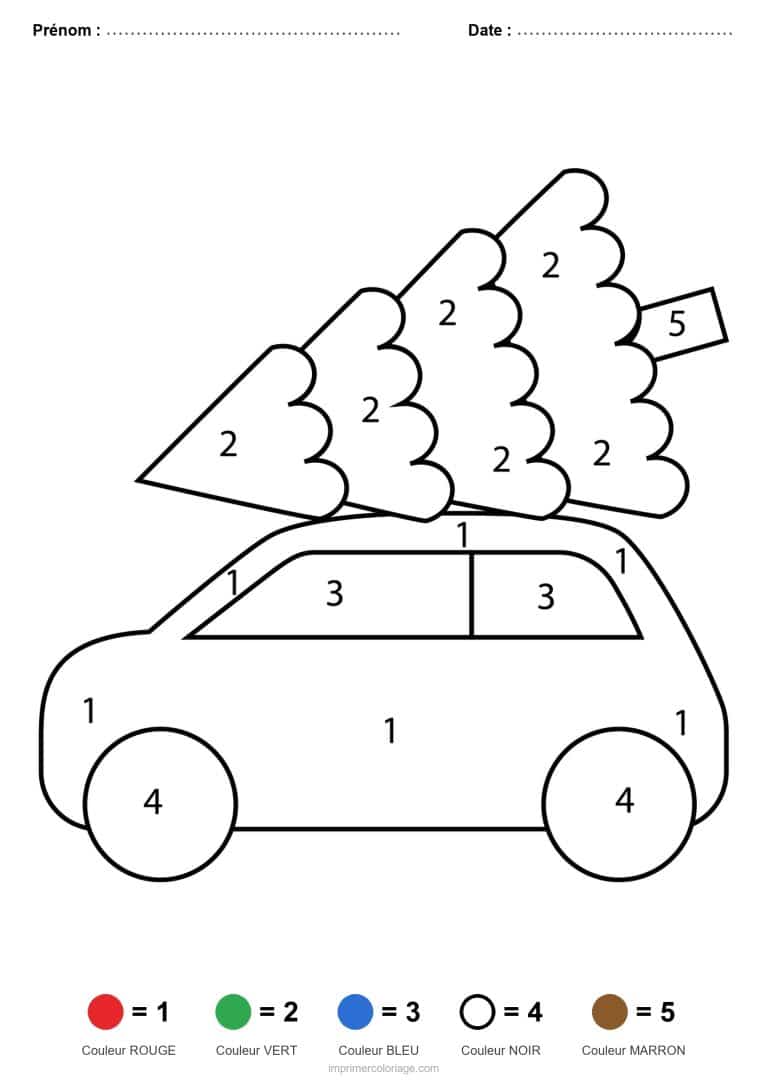 coloriage magique noel voiture et sapin, dessin gratuit &agrave; imprimer