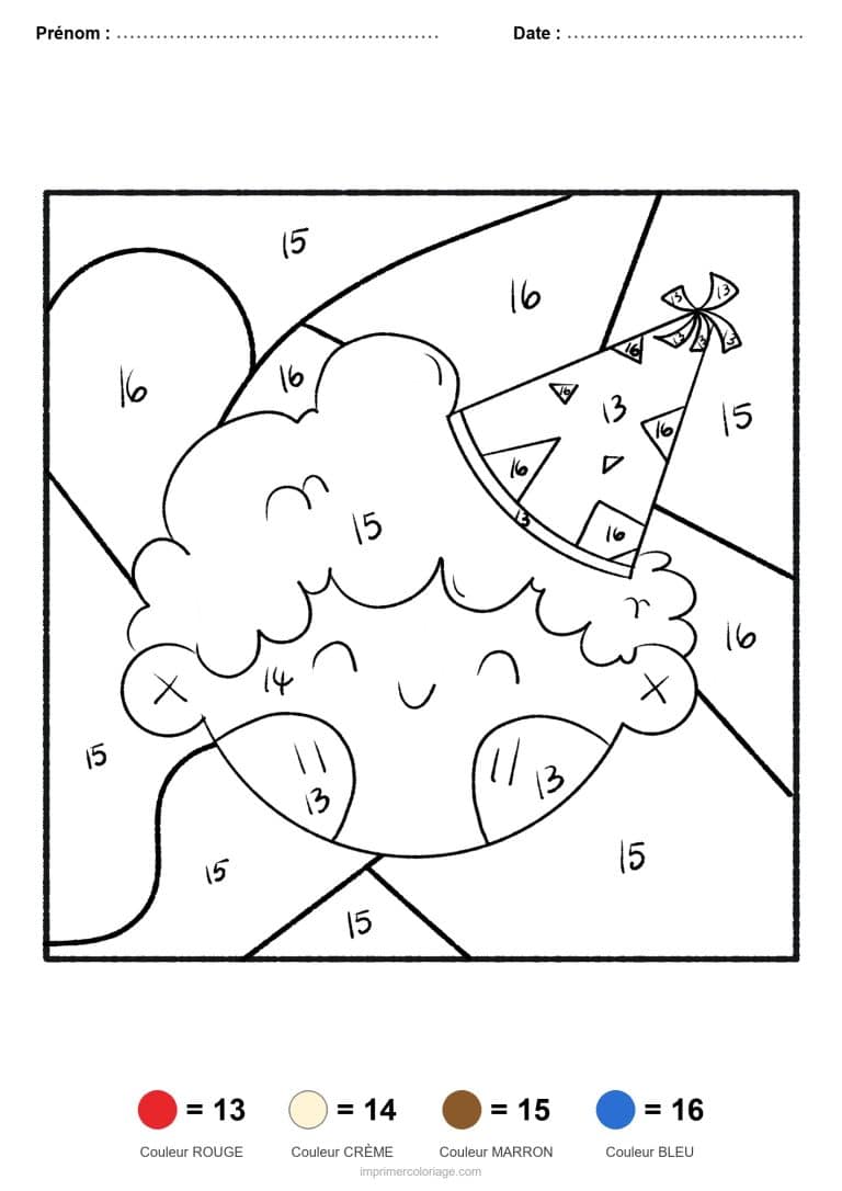 coloriage magique par-numero cupcake au chapeau, dessin gratuit &agrave; imprimer