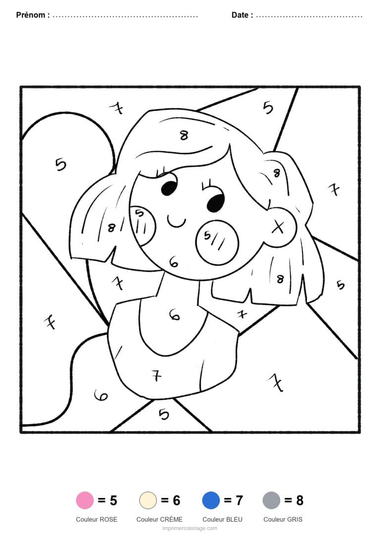 coloriage magique par-numero femme aux cheveux courts, dessin gratuit &agrave; imprimer