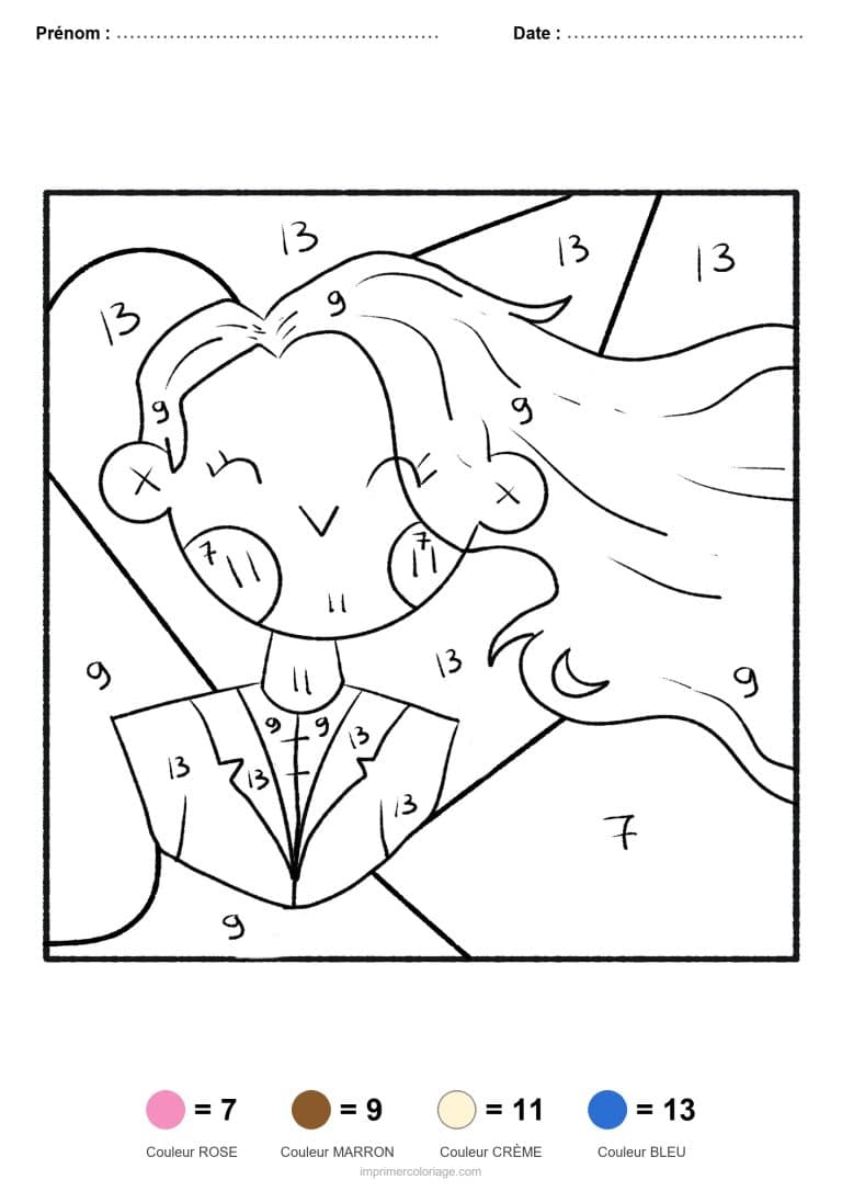coloriage magique par-numero femme aux cheveux longs, dessin gratuit &agrave; imprimer