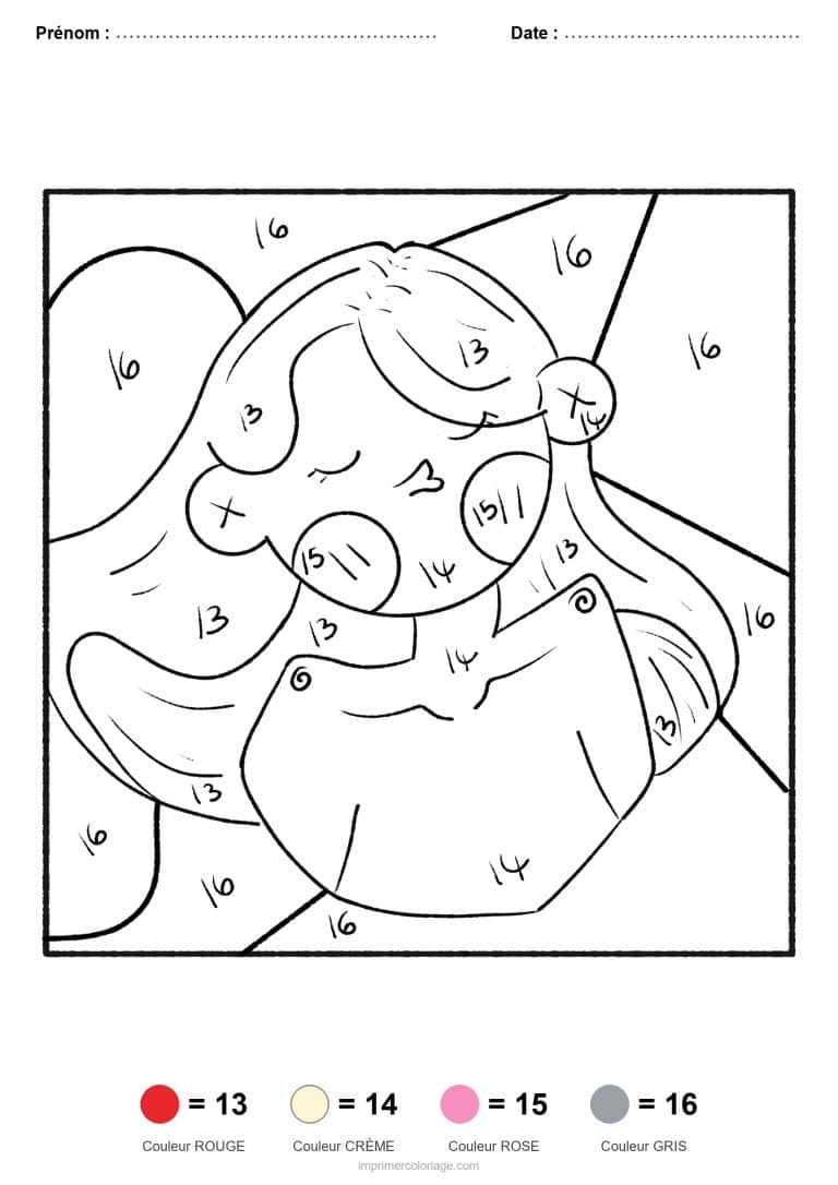 coloriage magique par-numero femme pensive, dessin gratuit &agrave; imprimer